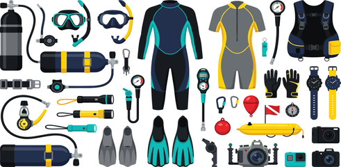 Scuba diving gear vector collection featuring wetsuit oxygen tank mask snorkel bcd jacket and camera © Mahan