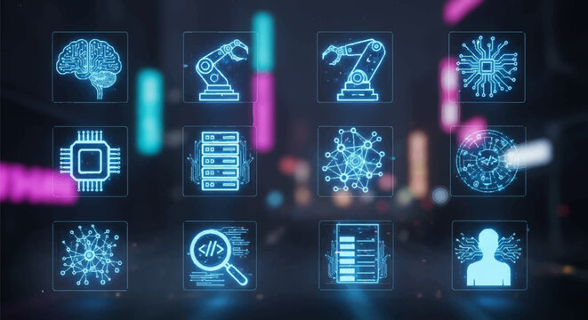 Futuristic Technology Icons: AI, Robotics, Data, Circuits, and Innovation