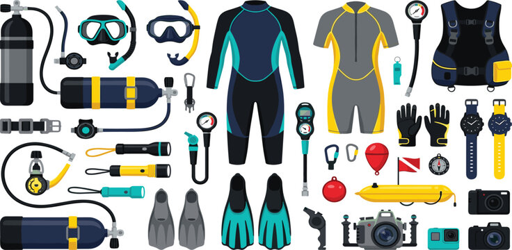 Scuba diving gear vector collection featuring wetsuit oxygen tank mask snorkel bcd jacket and camera
