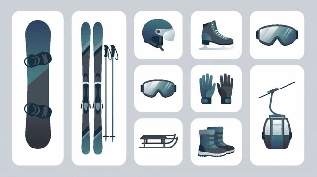 Winter Sports Gear Collection: Snowboard, Skis, Helmet, Goggles, Gloves, Sled, Boots, Cable Car