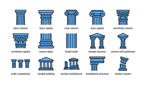Classical column icons showing orders and elements on white background