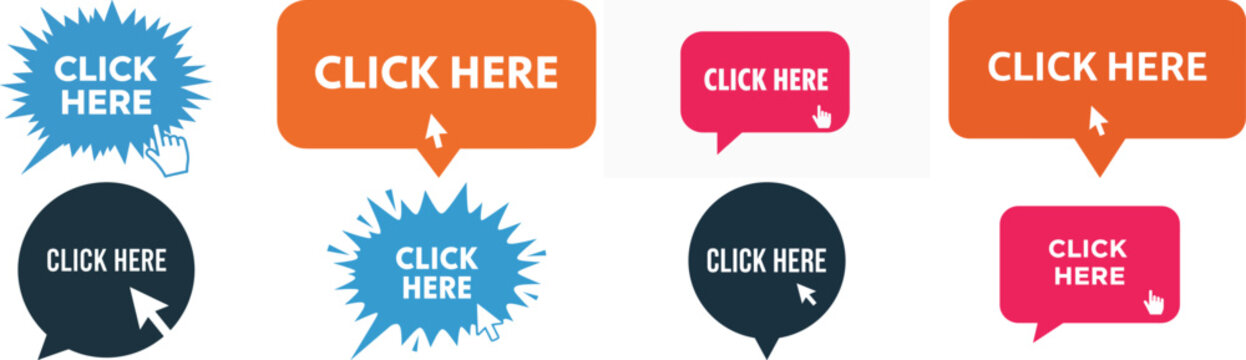 Set of colorful call to action buttons with click here text and cursor arrow hand pointer for web graphics.