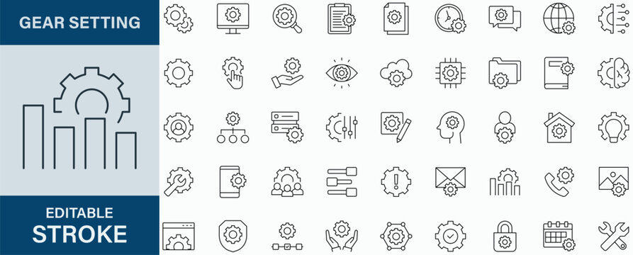 Gear Settings icon collection set. Editable stroke.