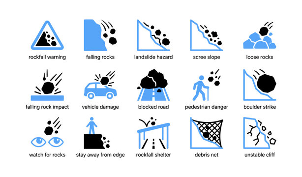 Rockfall hazard icons warning of falling rocks and road impacts