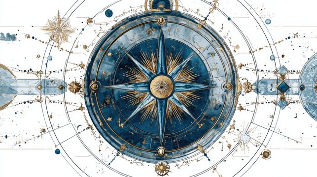 Decorative compass with celestial elements and star map design in elegant cosmic navigation theme