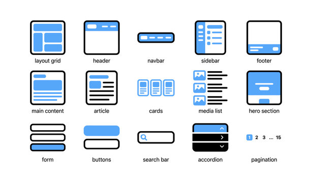 Website layout and ui icons showing components and navigation