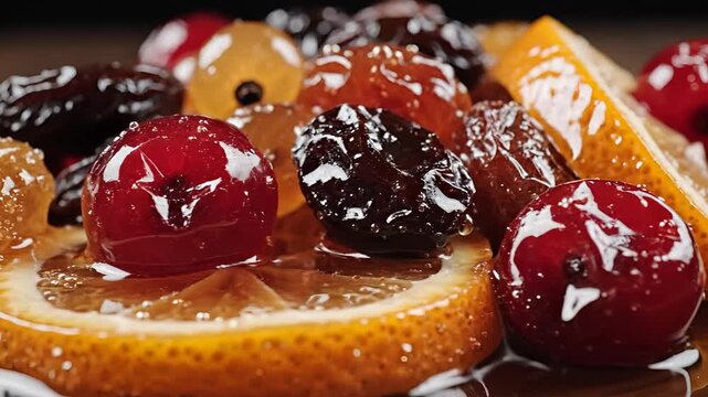 Closeup of candied fruits and orange slices a sweet delicacy.