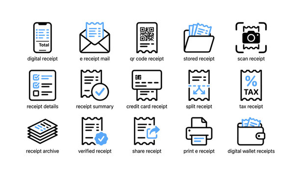 Receipt icons showing types and management on white