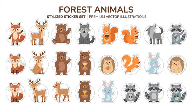 Cartoon forest animal vector sticker set fox deer bear wolf squirrel hedgehog rabbit raccoon flat illustration design
