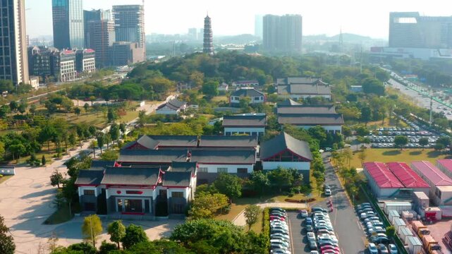 Qifeng Park and Modern Dongguan Cityscape in Guangdong China in Qifeng Park, Dongguan, Guangdong, China