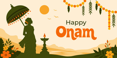 Silhouette of an Indian woman standing with traditional parasol near a lit lamp for Onam. Festive greeting card design celebrating the harvest festival with flower garland decoration. © Helena