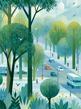 Charming European City Landscape Painting with Trees, Traffic, Buses, People and Birds in a Scenic Urban Street Scene
