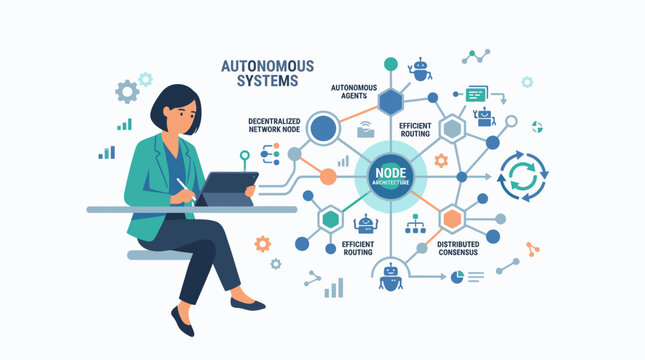 Professional Woman Analyzing Autonomous Systems and Artificial Intelligence Network Diagram.