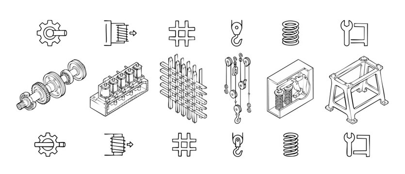 Mechanical engineering vector schematics detailing isometric industrial components and technical line art icons of gears springs pulleys levers for physics science research and education machinery.