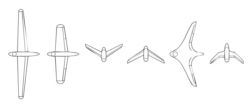 Glider airplane silhouette vector diagrams illustrating wingspan design concepts of flight sailplanes, flying wings, and military uav drones isolated on white background for engineering project.