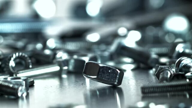 Assorted screws and nut scattered across surface. Shallow focus Filmed on a high-speed camera at 1000 fps.