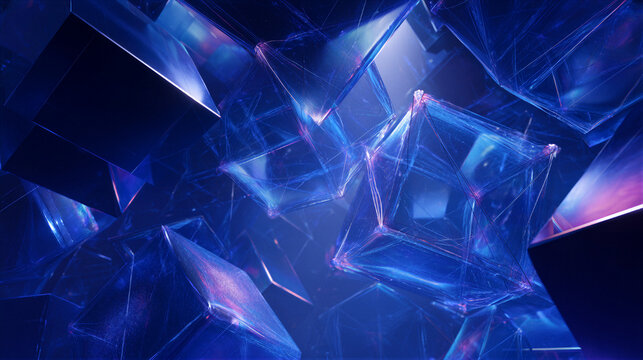 Futuristic 3D neural network with glowing crystal nodes and fiber optics in deep blue tech space. Cinematic lighting and ample copy space for AI presentations and corporate hero banners.