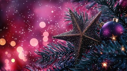 Fototapeta premium Golden glitter star shining on red background, celebrating christmas, new year, season success, award, festive
