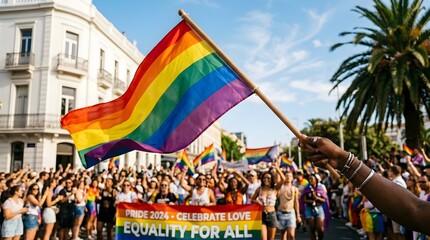 Fototapeta premium Pride parade celebration with rainbow flag and diverse crowd in city street