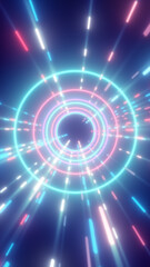 Fototapeta premium Futuristic neon tunnel with cyan and pink rings, radial light streaks, and glowing motion blur for technology and speed concepts.
