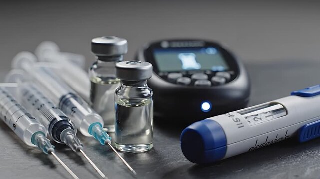 Diabetes management tools including insulin pens syringes vials and glucose meter.