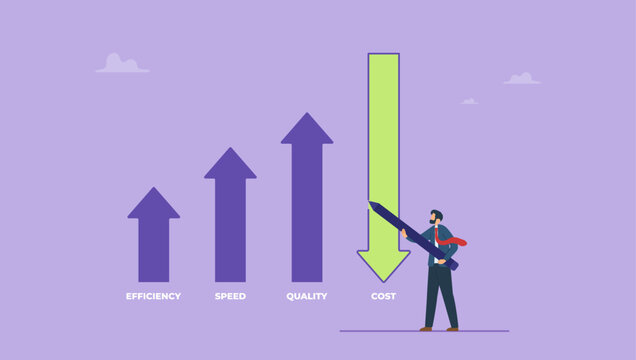 Cost reduction management concept. Businessman drawing arrow lines decrease cost compare with increase efficiency, speed, and quality.