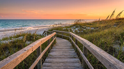 Obraz premium A serene beach scene with a wooden walkway leading to the shore at sunset with vibrant colors in the sky and sea