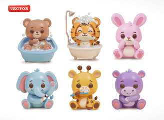 Baby Animal Characters Practicing Personal Hygiene Including Bathing Bear and Tiger, Pink Rabbit, Elephant, Brushing Teeth Giraffe and Hippo, 3D Vector. Suitable for Design Elements