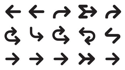 Fototapeta premium Set of various black arrow icons with curved and straight shapes vector illustration.
