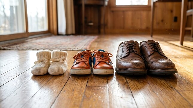 Three generations of shoes lined up on a sunny wooden floor