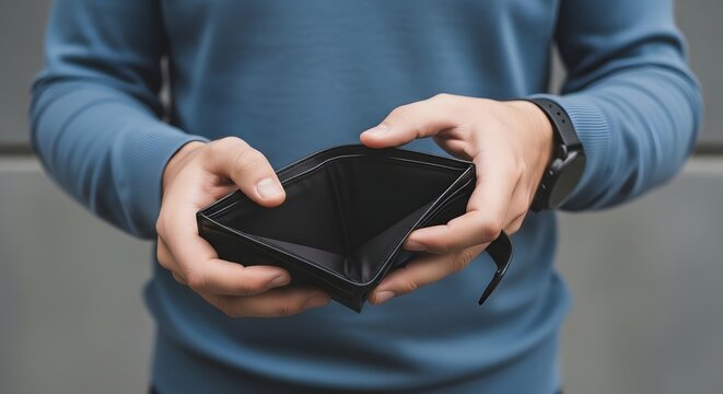 Empty wallet in hands financial hardship and economic difficulty concept
