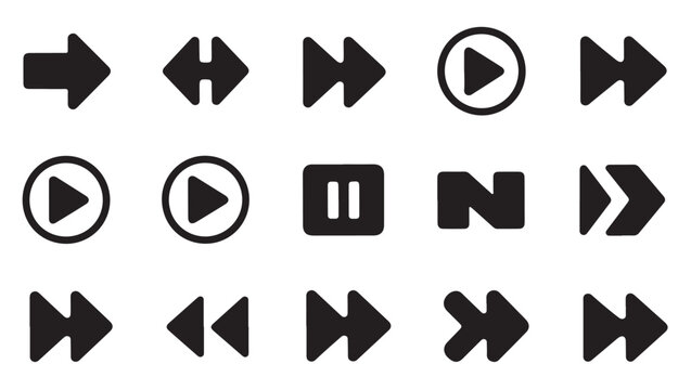 Minimalist media player control icon set featuring play pause forward and rewind symbols.