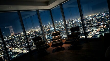 Obraz na płótnie Canvas Modern luxury office lounge with panoramic night city view