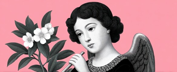 Obraz premium Delicate ribbons pearls and lace enhance a graceful angel playing flute in classic line art.