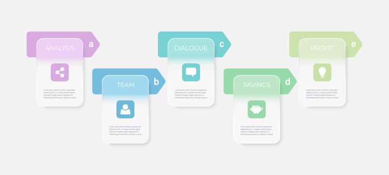 White matte glass infographic. Progress bar with 5 translucent rectangular elements placed in horizontal row. Concept of four steps to business success. Minimal infographic design template