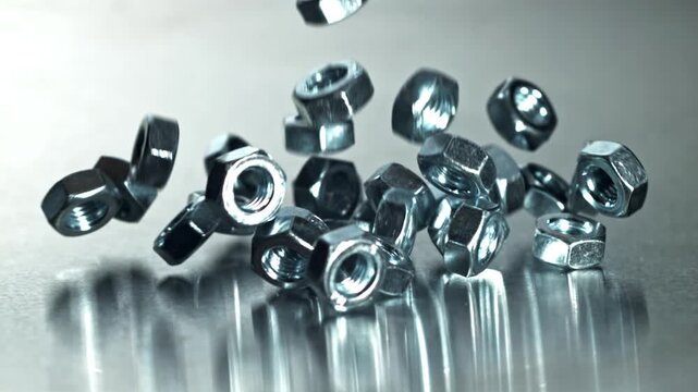 Falling metal nuts cascade across reflective surface, dynamic tumble Filmed on a high-speed camera at 1000 fps.
