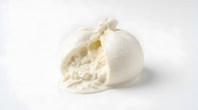 A whole Italian Burrata cheese ball, broken open to reveal creamy stracciatella inside, on a white background