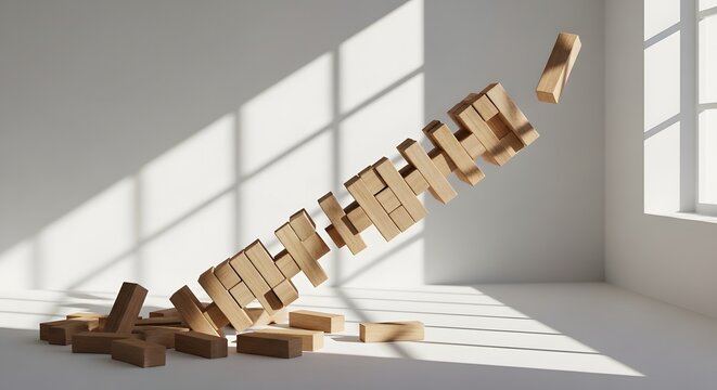 Falling dominoes in a bright room illustrating chain reaction and risk concepts