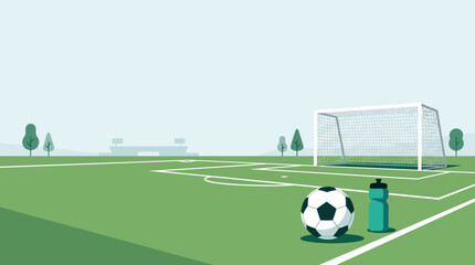 Outdoor Soccer Field Vector Illustration with Goal Post, Ball, and Water Bottle © MA studio