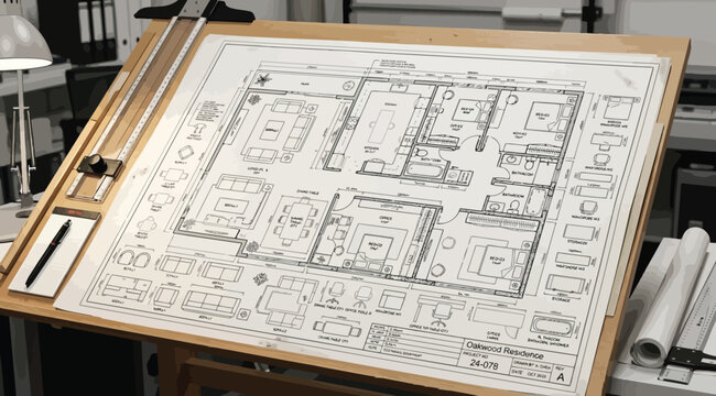 Detailed architectural interior design blueprint on a drafting board
