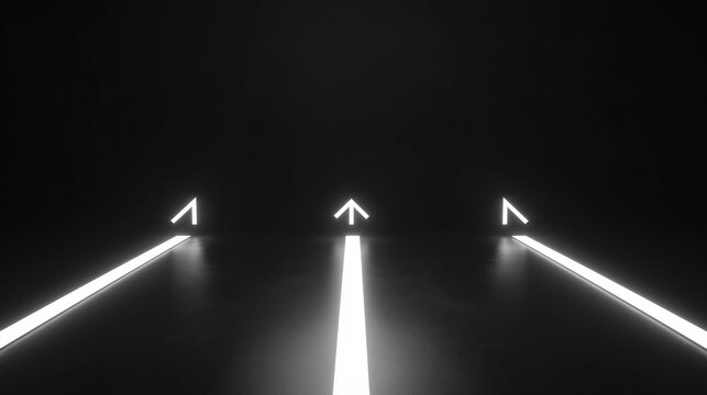converging. Sleek metallic arrows decreasing in size, converging to a point. product launch decks, UI/UX mockups, designed for data visualization dashboards and holographic UIs, used by researchers.