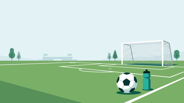 Outdoor Soccer Field Vector Illustration with Goal Post, Ball, and Water Bottle