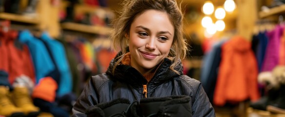 Obraz premium Confident shopper choosing insulated boots in a cozy winter apparel store with stylish jackets and snow gear.