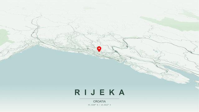 Modern minimalist vector map of Rijeka, Croatia. High-quality scalable illustration of Rijeka city grid, Rječina river canyon, Korzo historic promenade, Kvarner Gulf for posters and design.