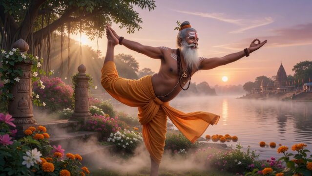 Ancient yogi performing dancer pose in a lush temple garden, one leg lifted with graceful balance, flowers and golden sunrise light creating a spiritual yoga wellness scene, ideal for mindful fitness