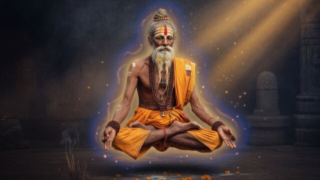 Ancient yogi levitating in lotus meditation pose inside a dark sacred temple, glowing aura, incense smoke and golden rays creating a mystical spiritual wellness scene, ideal for mindful fitness