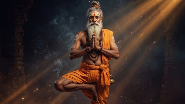 Ancient yogi in kneeling prayer pose under golden temple rays, hands together at heart, incense smoke and sacred atmosphere creating a peaceful meditation scene, ideal for mindful fitness