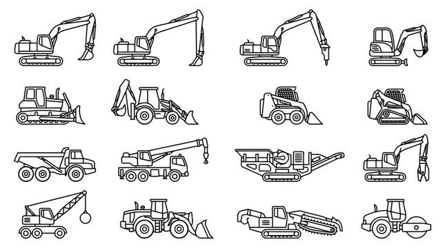 Heavy Machinery Set: A comprehensive collection of construction and industrial machinery icons, showcasing excavators, bulldozers, cranes, and more.