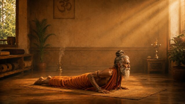 Ancient yogi practicing cobra pose on a temple floor, hands grounded and chest lifted toward golden sunbeams, creating a sacred spiritual yoga wellness scene for mindful fitness