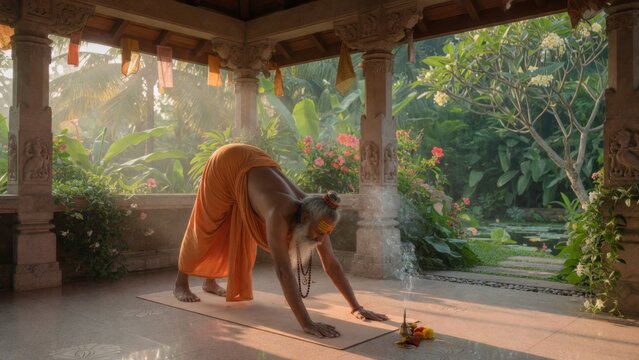 Ancient yogi practicing standing forward fold in a tropical temple pavilion, hands grounded and body folded, soft sunlight creating a peaceful spiritual yoga wellness scene
